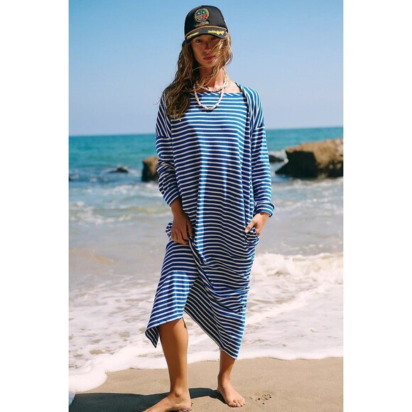 Free People Free Est Tivoli Maxi Dress Striped Print Oversized Cotton XS 283168 - Picture 1 of 8